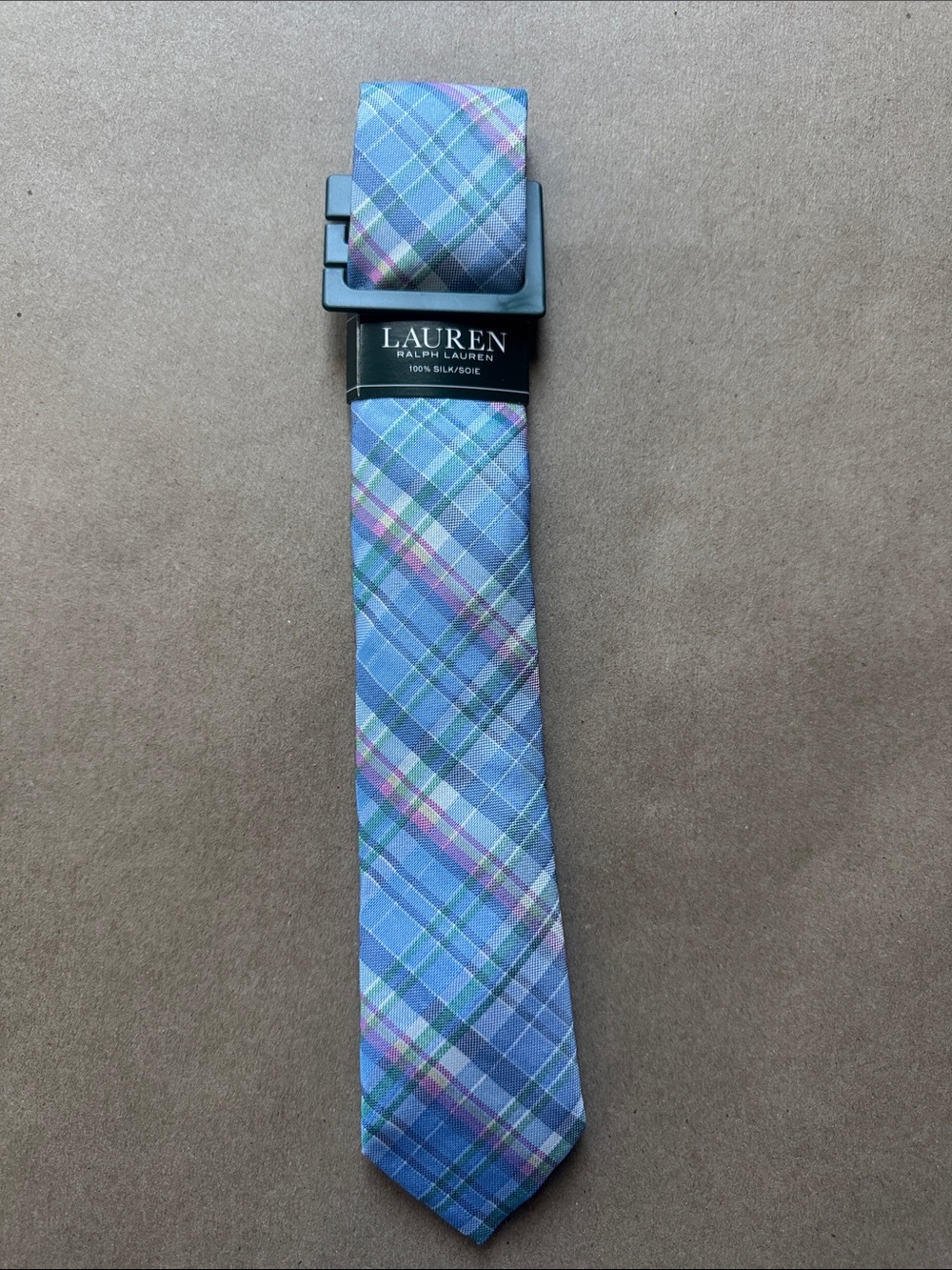 NWT Men Lauren Ralph Lauren Light Blue Plaid Silk Tie Vintage-Inspired